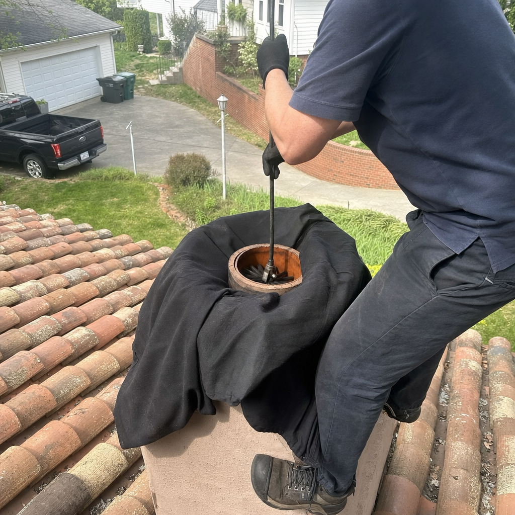 Professional chimney sweep cleaning a residential rooftop chimney flue with a brush