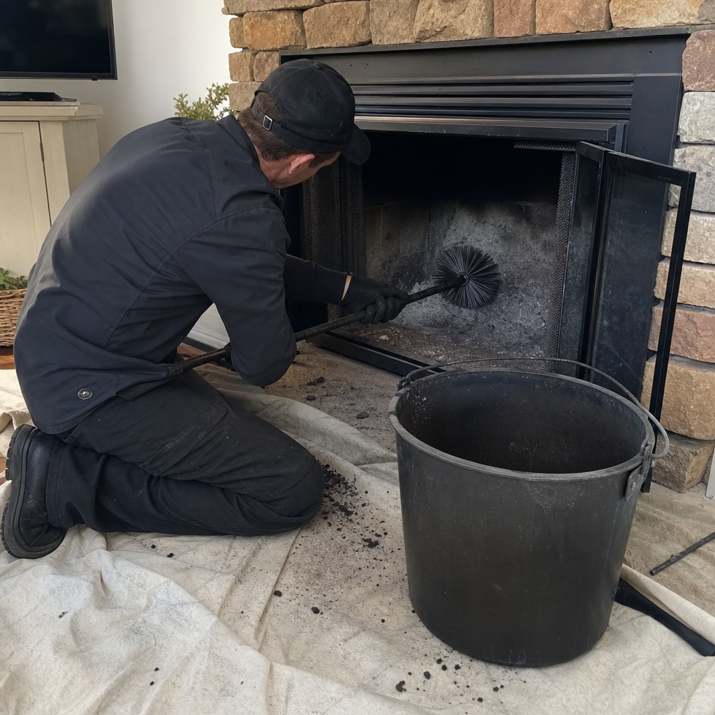 Professional chimney sweep cleaning debris from a fireplace interior