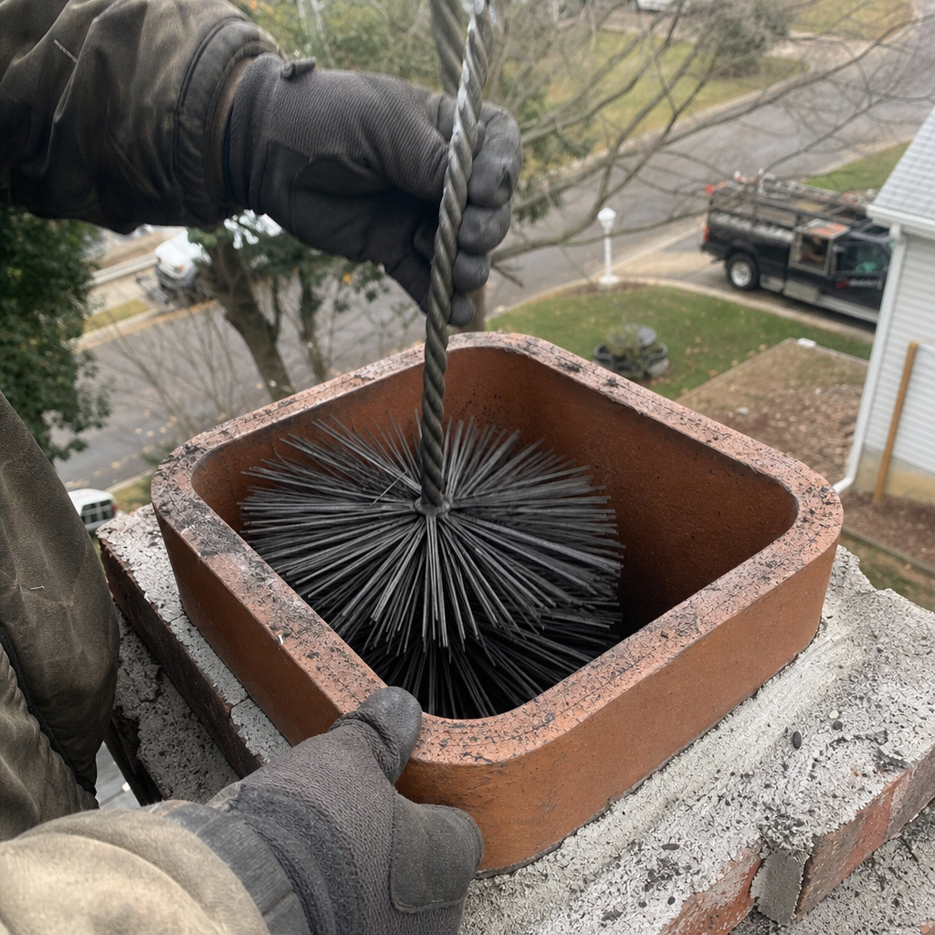 Professional chimney sweep cleaning a brick chimney flue with a wire brush