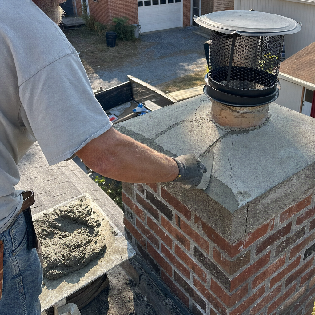 Professional contractor performing chimney crown repair and masonry maintenance