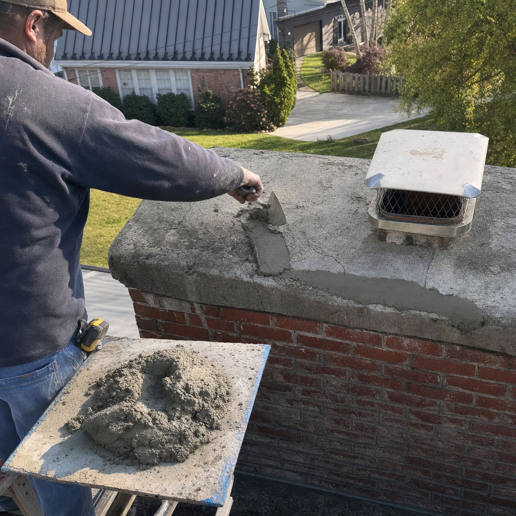 Professional technician performing chimney repair and crown maintenance on a rooftop