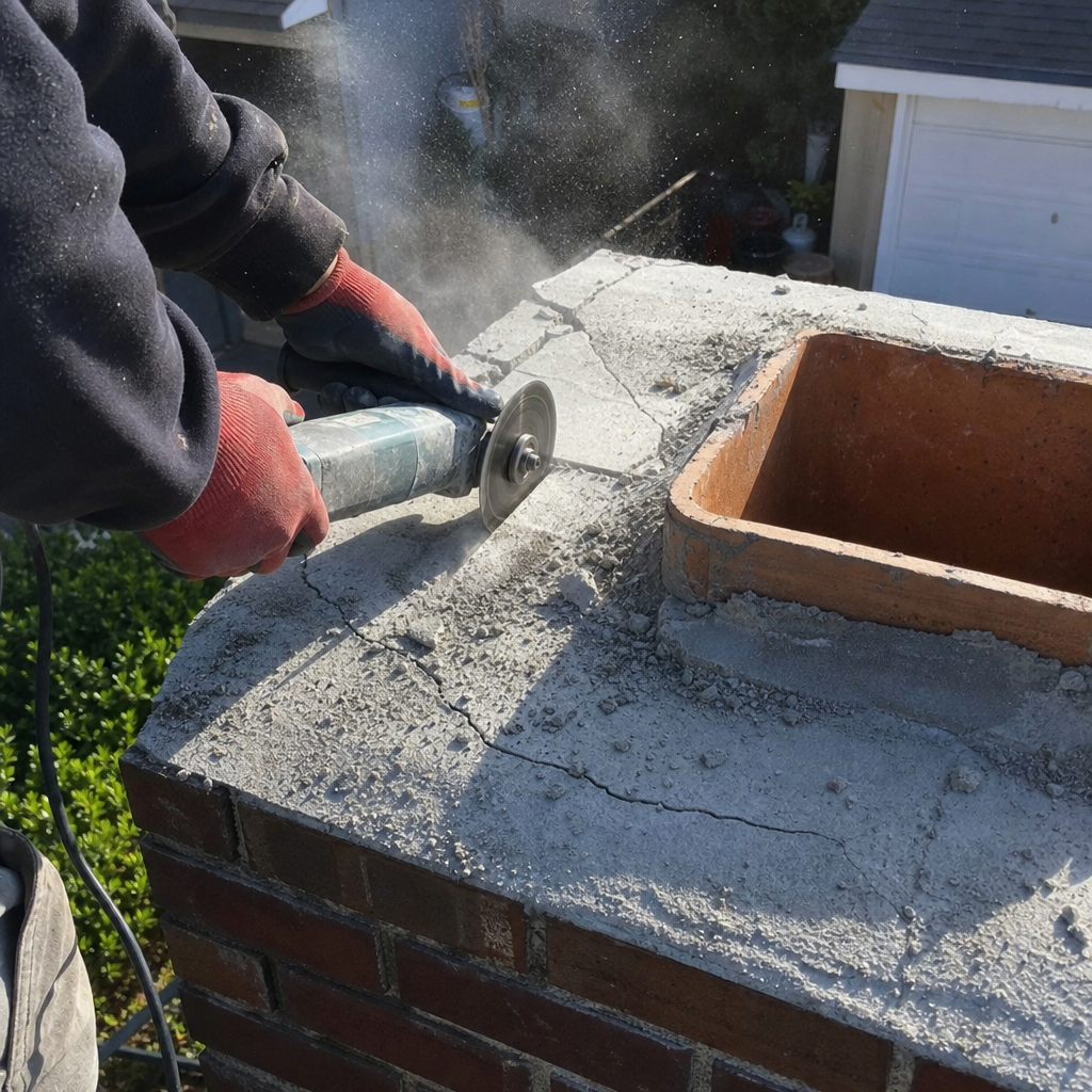 Professional contractor using a power saw for chimney cap repair