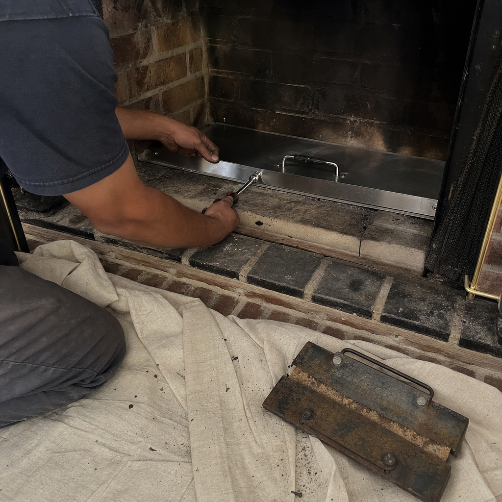 Technician installing a custom metal chimney fireplace cover
