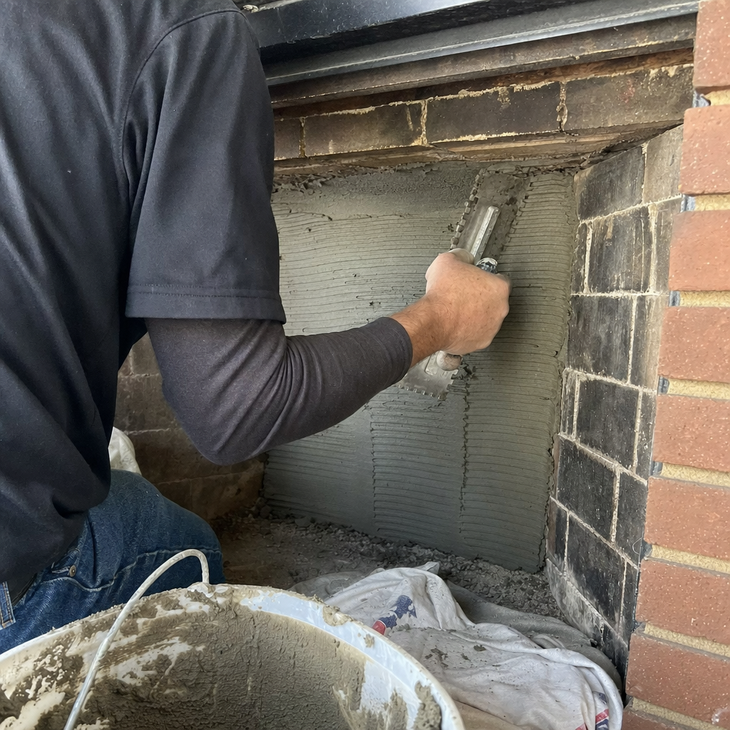 professional applying mortar to fireplace interior during repair service
