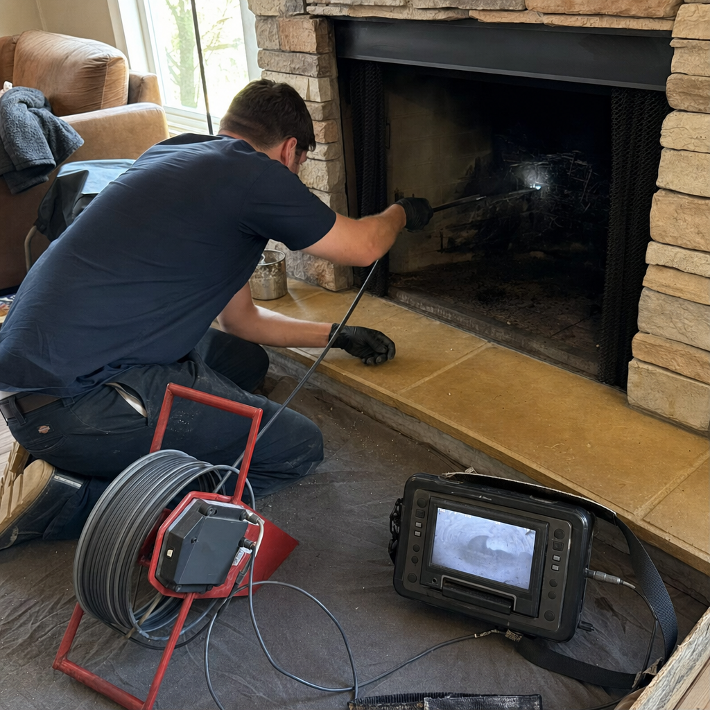 Technician performing a professional fireplace and chimney video inspection