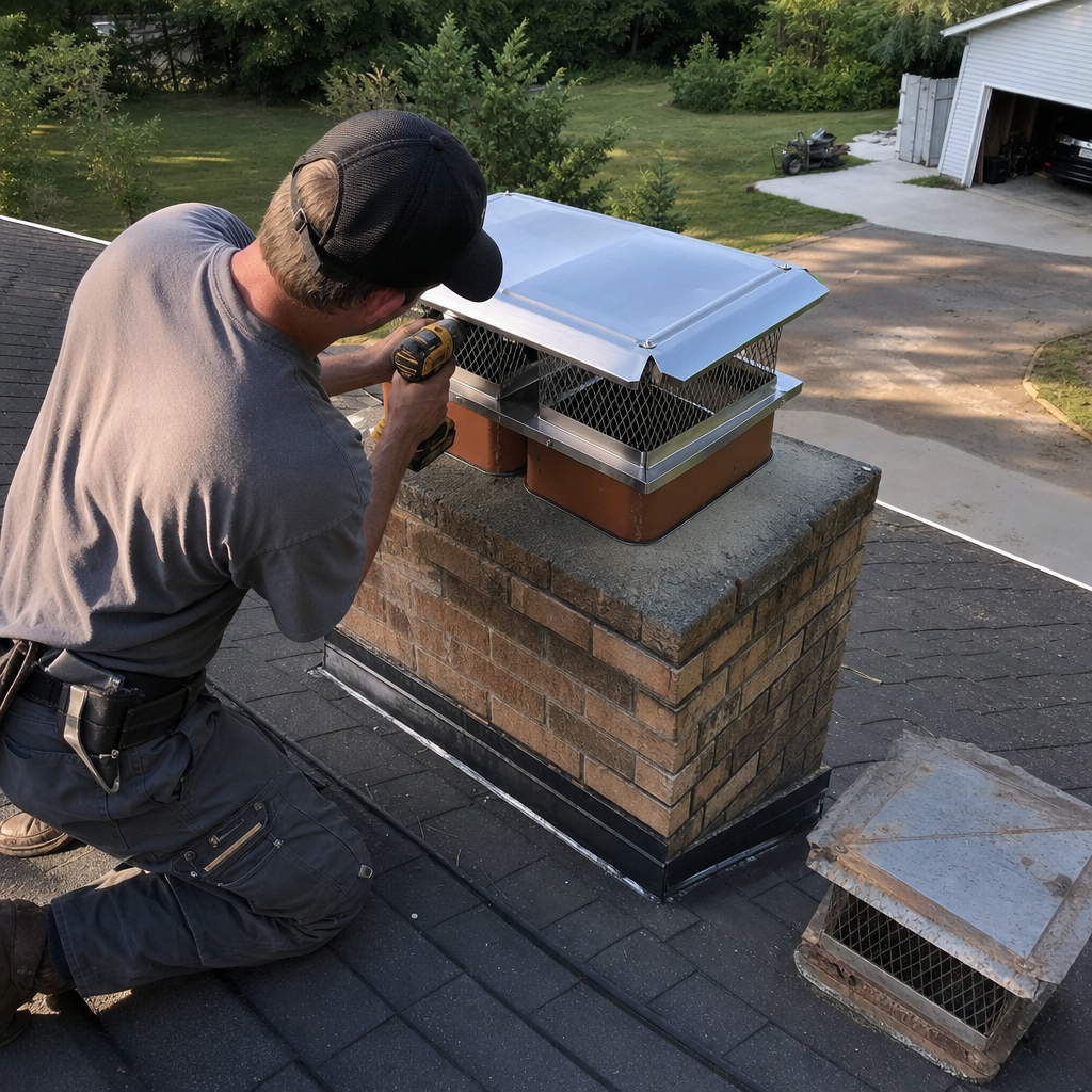 Technician installing a new stainless steel chimney cap on a brick chimney. in Greeneville, TN