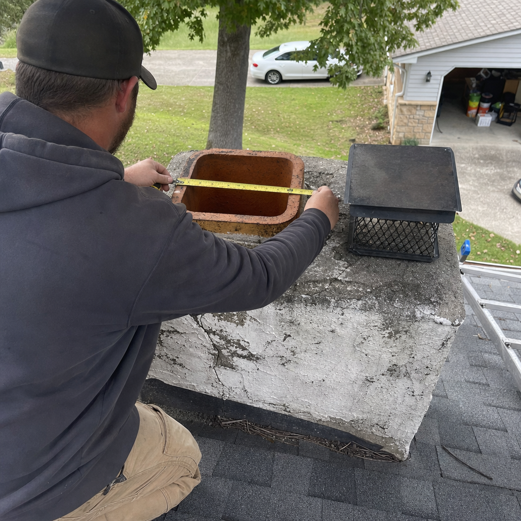 Technician measuring a chimney flue for a new chimney cap installation in Greeneville, TN