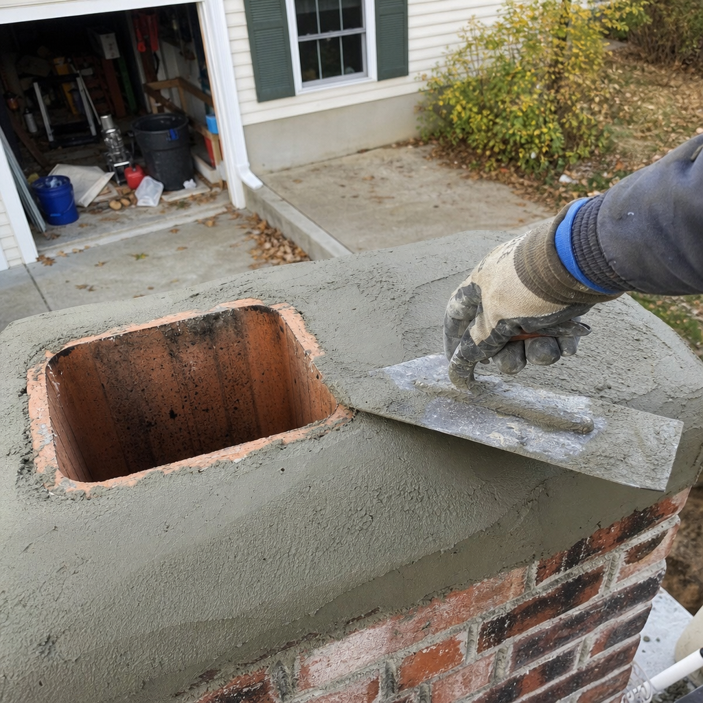 Professional contractor applying mortar to a chimney crown for repair in Erwin, TN