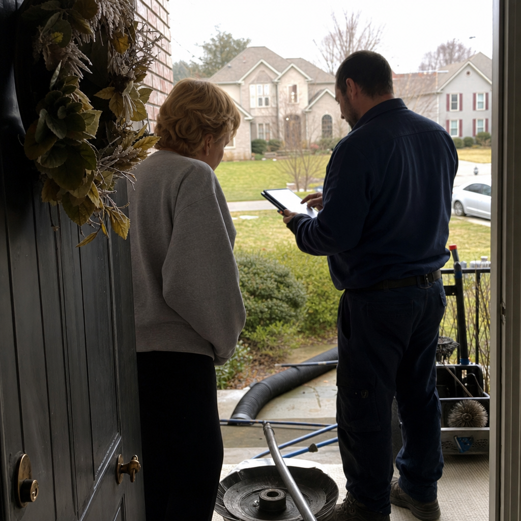 Chimney cleaning professional discussing service estimate with homeowner on porch in Greeneville, TN