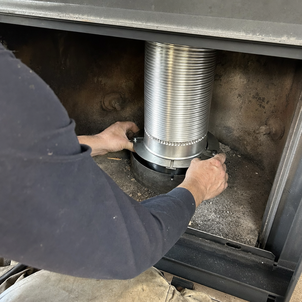 Technician installing a new stainless steel chimney liner in fireplace in Greeneville, TN