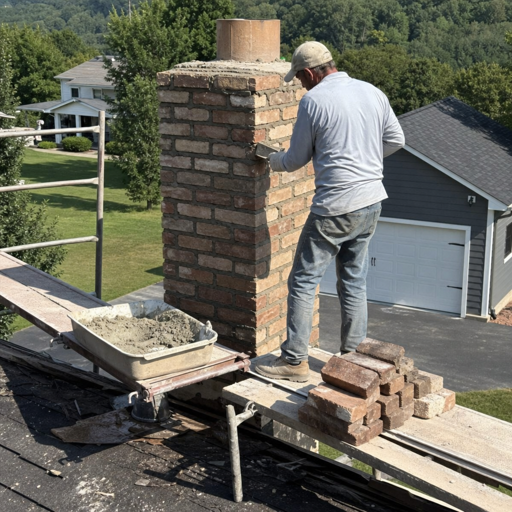 Professional mason performing a brick chimney rebuild and liner repair. in Greeneville, TN